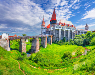 Beautiful panorama of the Hunyad Castle / Corvin's Castle with wooden bridge