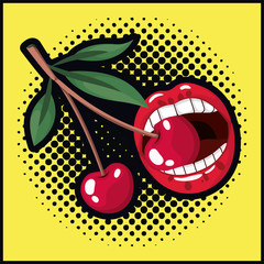 Mund, der Kirschfrucht-Pop-Art-Stil isst © Grgroup