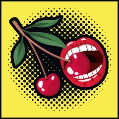 Mund, der Kirschfrucht-Pop-Art-Stil isst © Grgroup
