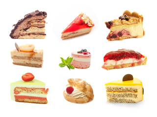 set of delicious diffrent cakes   isolated on white background
