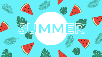 Summer banner design. Contour Typography element with palm leaves and slices of watermelon. Vector illustration