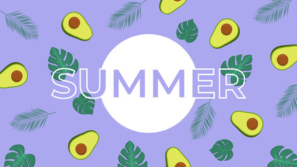 Summer banner design. Contour Typography element with palm leaves and slices of avocado. Vector illustration