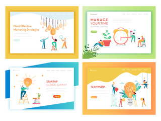Fototapeta na wymiar Creative Idea Business Innovations Concept Landing Page Template Set. Brainstorming Creativity Process with People Characters and Light Bulb Symbol Website Web Page Banner. Vector illustration