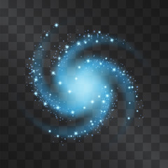 Silver glow neon blue galaxy vector light effect with orbits, shining stardust halo. Decorative glittering sparkles, nebula. Highlight energetic motion luxurious design on transparent background.