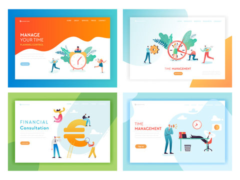 Business Deadline Overtime Concept Landing Page Template Set. Working Late People Characters Teamwork Financial Consulting for Website Web Page Banner. Vector illustration