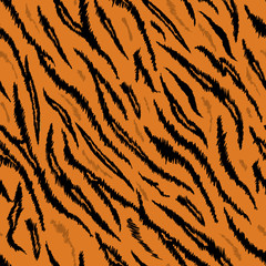 Tiger Texture Seamless Animal Pattern. Striped Fabric Background Tiger Skin Fur. Fashion Abstract Design Print for Wallpaper, Decor. Vector illustration