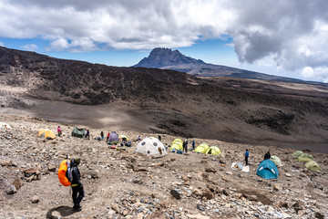 Barafu camp in front of Mawenzi, Mount Kilimanjaro National Park