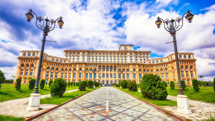 Fantastic architecture Palace of the Parliament of  Bucharest at sunny day