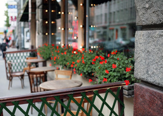 Fototapeta na wymiar Empty coffe and restaurant terrace with tables, chair and red flowers in summer morning