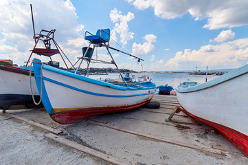 A few fishing boats parked on a steep launching ramp in Nessebar, Bulgaria