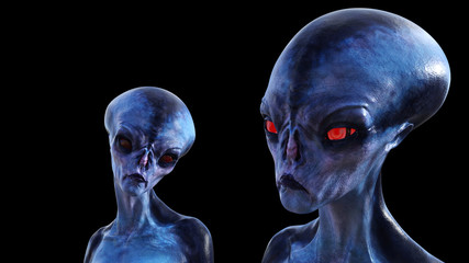 Illustration of two blue aliens with red eyes on a black background.