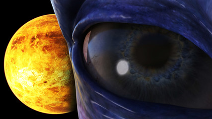 Illustration of a very close view of an alien eye with a planet and small moon in space in the background.