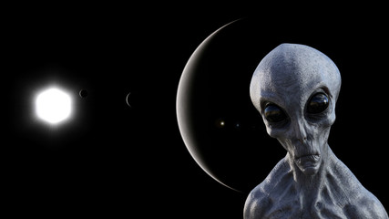 Illustration of a gray alien in space with a sun moon and silhouette of a planet in the background.