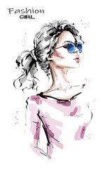 Hand drawn beautiful young woman with ponytail. Stylish blonde hair girl. Fashion woman look. Female character in sunglasses. Sketch.