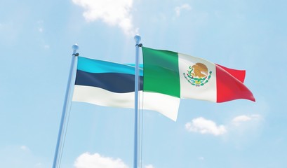 Mexico and Estonia, two flags waving against blue sky. 3d image