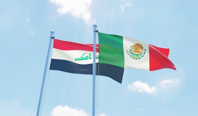 Mexico and iraq, two flags waving against blue sky. 3d image