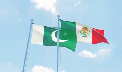 Mexico and Pakistan, two flags waving against blue sky. 3d image