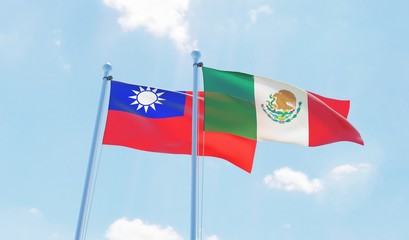 Mexico and Taiwan, two flags waving against blue sky. 3d image
