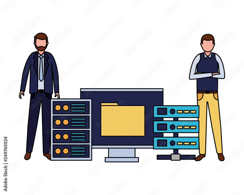 Poster businessmen with computer database