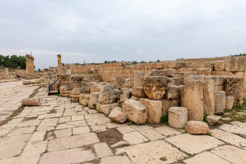 Remnants of columns in Roman city of Jerash, Jordan