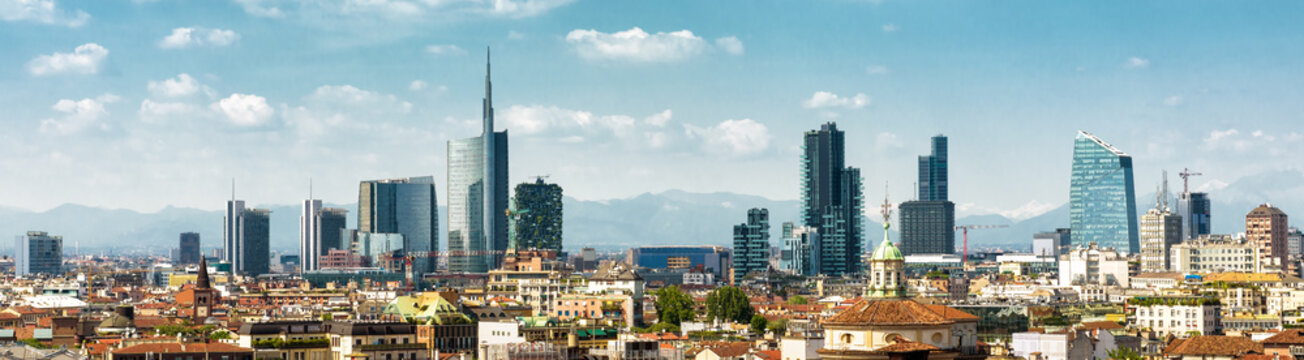 Panoramic view of Milan, Italy. Skyline of Milano city in summer.