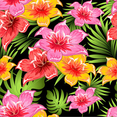 Seamless pattern of a tropical palm tree, jungle leaves and flowers. Hand drawing. Vector floral pattern.