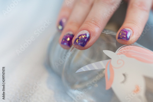 Purple Nail With Gold Glitter Touch Glass Bottle With Unicorn On Purple Nail With Gold Glitter Touch Glass Bottle With Unicorn On