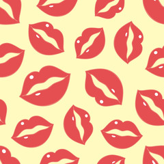 Vector seamless pattern with red lips on a yellow background