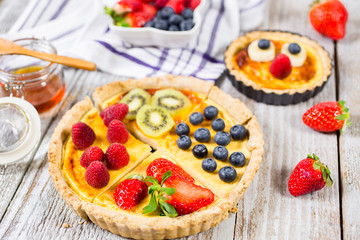 Fruit tarts with sweet fresh berries. Freshly baked cake. Decorated with a  berry. Fruit pie. - Image