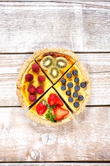 Fototapeta na wymiar Fruit tarts with sweet fresh berries. Freshly baked cake. Decorated with a berry. Fruit pie. - Image