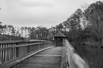 Gazebo bridge over winter lake