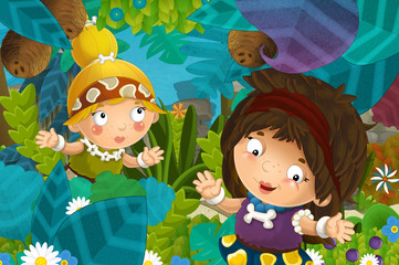 cartoon scene with caveman barbarian warrior woman in the jungle illustration for children