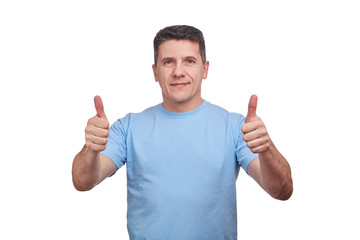 Handsome middle-aged man with a slight smile, showing thumbs up with two hands.