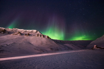 Fototapeta na wymiar The polar arctic Northern lights aurora borealis sky star in Norway travel Svalbard in Longyearbyen city the moon mountains