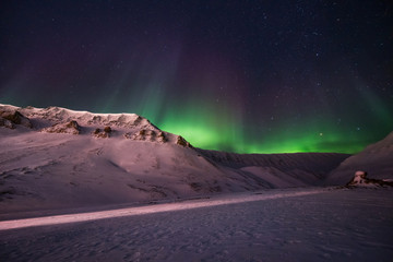 Obraz premium The polar arctic Northern lights aurora borealis sky star in Norway travel Svalbard in Longyearbyen city the moon mountains