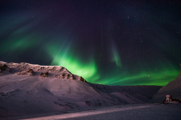 Obraz na płótnie Canvas The polar arctic Northern lights aurora borealis sky star in Norway travel Svalbard in Longyearbyen city the moon mountains
