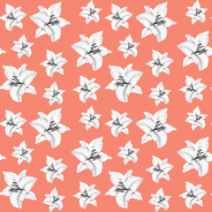 Watercolor seamless pattern with illustration of black and white lily flower on coral background. Could be used as decoration for web design, cosmetics design, package, textile