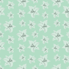 Watercolor seamless pattern with illustration of black and white lily flower on green background. Could be used as decoration for web design, cosmetics design, package, textile