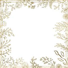  Watercolor frame with gold foliage and splashes on the white isolated background. Beautiful and elegant design.