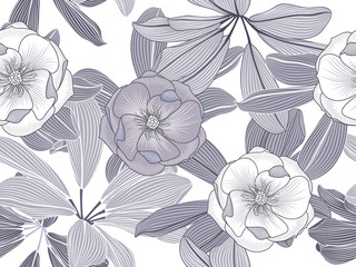 Seamless pattern with tropical leaves and roses flowers.