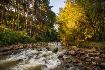 view of a river in the mountains to sunset