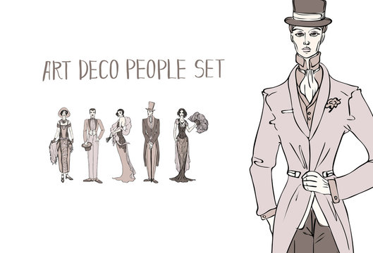 Vector Art Deco People Set. Gatsby Style Set. Group Of Retro Woman And Man. Design In 20's Style. Sketch Style Mafia And Gangsters