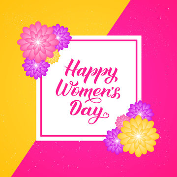 Happy Women’s Day calligraphy lettering with colorful spring flowers. Origami paper cut style vector illustration. International womens day  greeting cards, party invitations, poster, banner,etc.