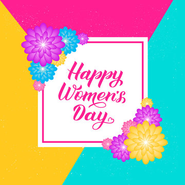 Happy Women’s Day calligraphy lettering with colorful spring flowers. Origami paper cut style vector illustration. International womens day  poster, banner, party invitations,greeting cards, etc.