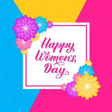 Happy Women’s Day calligraphy lettering with colorful spring flowers. Origami paper cut style vector illustration. International womens day party invitations, poster, banner, greeting cards, etc.