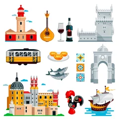 Fotobehang Travel to Portugal icons and isolated design elements set. Vector Portuguese and Lisbon culture symbols, food, landmarks © Qualit Design