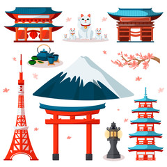 Travel to Asia, Japan icons and isolated design elements set. Vector Japanese and Tokyo culture symbols and landmarks - obrazy, fototapety, plakaty