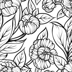 Peony flower seamless pattern line drawing. Vector hand drawn engraved floral background Black ink sketch. Great for invitation card, fabric, print and decorations