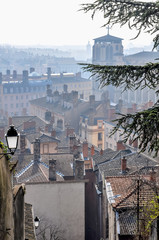 Lyon France, cathedral St. Jean Baptiste, pipes with brick, the old town of mist.