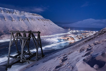  norway landscape ice nature of the city view of Spitsbergen Longyearbyen  Plateau Mountain Svalbard   arctic ocean winter  polar night view from above